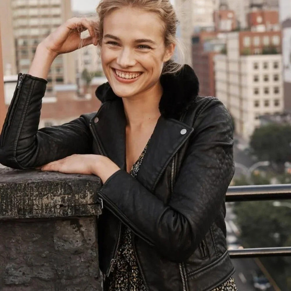 Abercrombie & Fitch Faux Grain Leather Sherpa Moto Jacket Black Size Medium - Picture 1 of 6